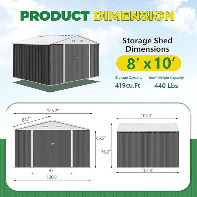 Devoko 10 x 8 FT Outdoor Storage Shed, Metal Garden Sheds & Outdoor Storage Clearance, Large Tool Shed Outdoor with Single Lockable Door for Patio Lawn Backyard (Gray)