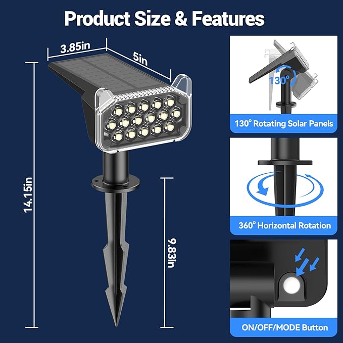 WdtPro Solar Spot Lights Outdoor Waterproof, 6 Pack, Bright Solar Landscape Lights with Extra-Large LEDs, 3 Modes Spotlights, Solar Powered Light for Yard Garden Pathway Wall, Cool White