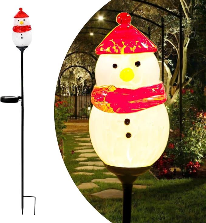Solar Powered Garden Stake Lights Outdoor, Cute Animal Outdoor Figurine Lights Ornament Statue Decor for Pathway, Patio, Red Snowman