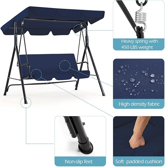 AECOJOY Porch Swing with Stand, 3-Seat Outdoor Clearance Porch Swings for Adults, Outdoor Patio Swing with Adjustable Canopy & Removable Cushion for Backyard, Garden, Yard, Poolside, Balcony (Blue)