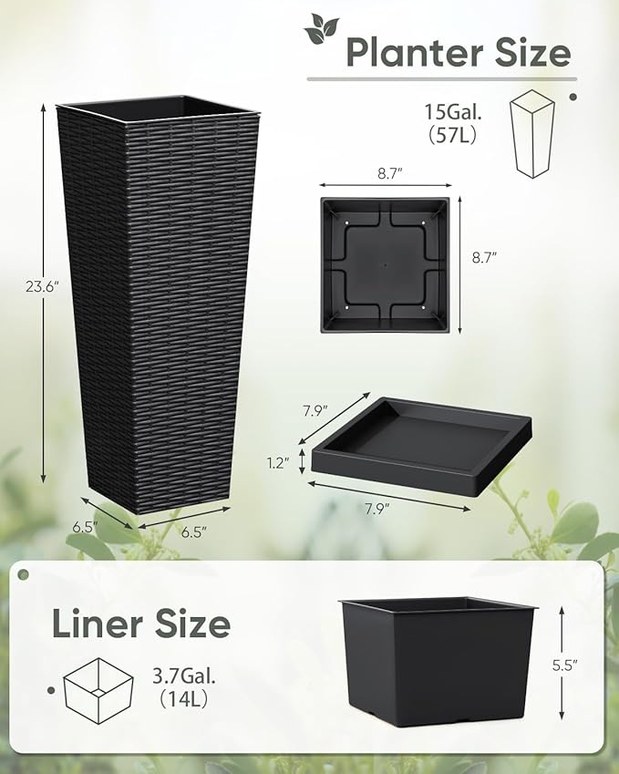 Greesum Set of 2 Tall Plastic Planters with Saucer, 24 Inch Large Pots with Drainage Trays, Weather-Resistant Plastic Plant Containers for Patio, Porch, Garden,Black