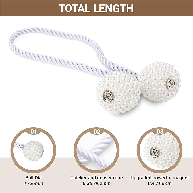 Hion Magnetic Curtain Tiebacks White 2pcs, Curtain Tiebacks Buckles Holdbacks Holders Hooks Clip for Home Bedroom Office Decorative Curtain