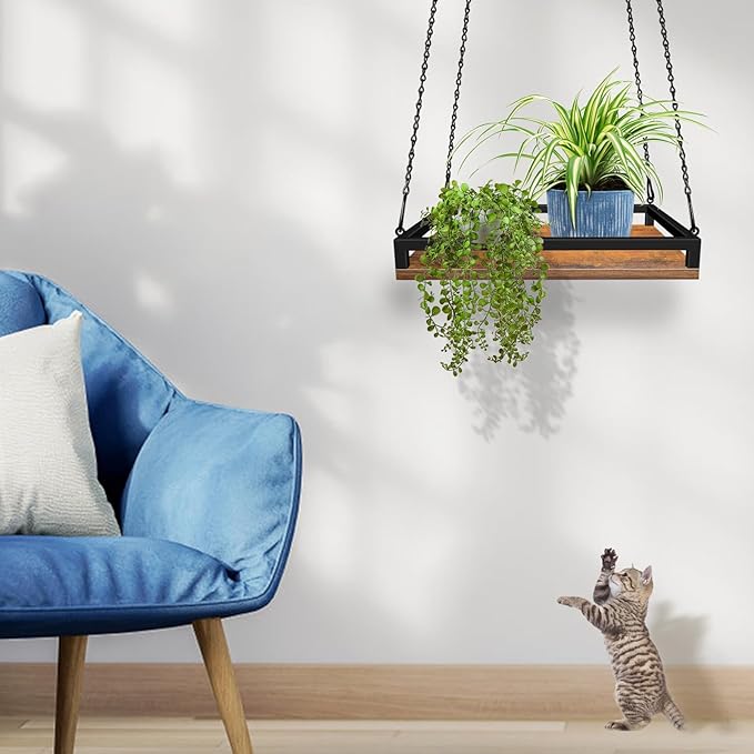 Plant Hanger Indoor, 2 Pack 16" Wooden Hanging Plant Holder with Metal Frame Large Hanging Planter for Indoor Plants Load 50LB Hanging Plant Shelf with 27.6" Long Chain, Ideal for Heavier Pots