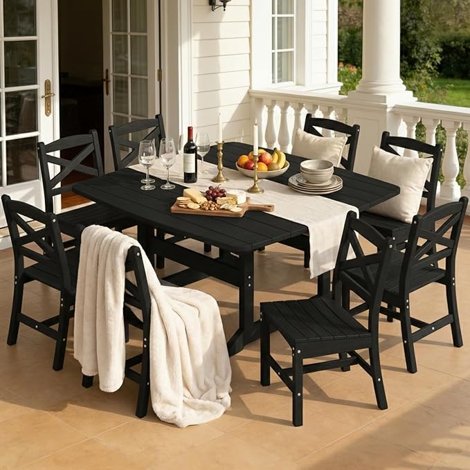 Outdoor Dining Set, HDPE 9-Piece Patio Table and Chairs Set, All-Weather Outdoor Dining Table Set for 8 with Umbrella Hole, Durable Patio Furniture Set with Chairs,Black