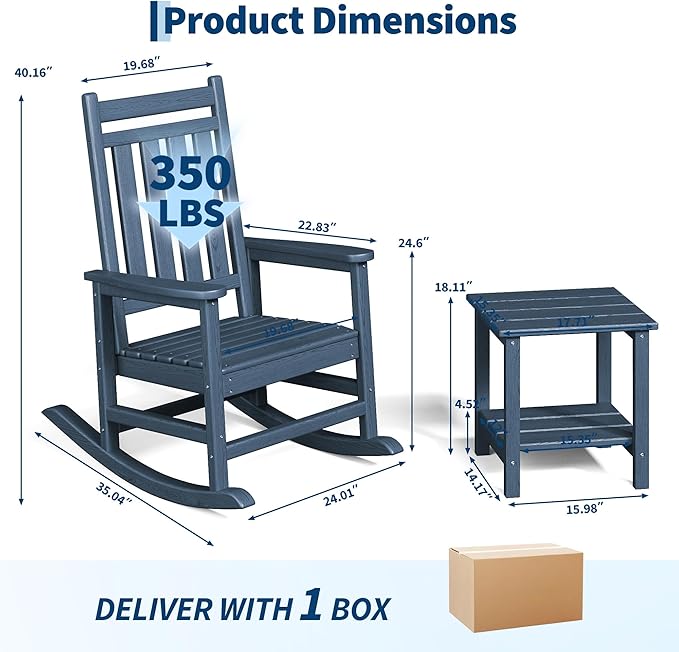 GarveeLife Poly Lumber Rocking Chair Outdoor Set of 2 with Side Table - HDPE High Back Porch Rocker Chairs for Adults - All Weather Resistant Furniture for Patio - Navy Blue