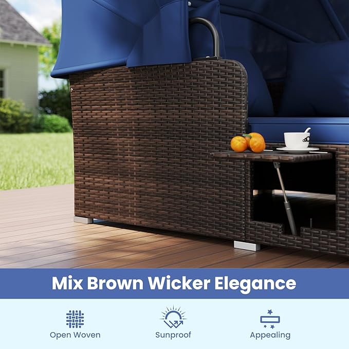 Tangkula Patio Rattan Daybed with Retractable Canopy, Outdoor Wicker Sunbed with 2 Foldable Side Tables, Thick Seat & Back Cushions, Outside Double Daybed for Garden, Backyard, Porch, Navy & Brown