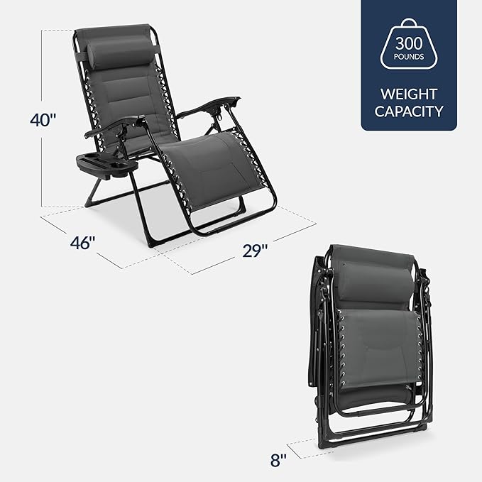 Best Choice Products Oversized Padded Zero Gravity Chair, Folding Outdoor Patio Recliner, XL Anti Gravity Lounger for Backyard w/Headrest, Cup Holder, Side Tray, Polyester Mesh - Gray
