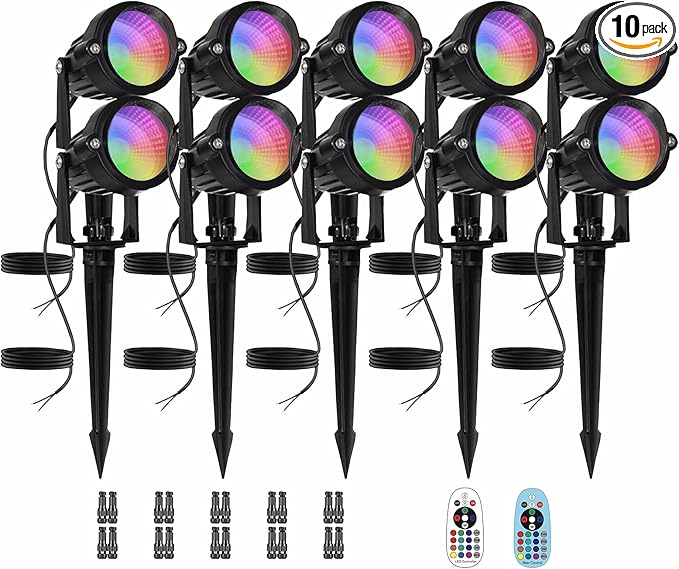 Low Voltage RGBW LED Landscape Lights Spot Lights Outdoor for Yard Garden Decor Spotlight, 12V-24V Low Voltage Landscape Lighting with 16 Color Changing and Remote IP68 Waterproof (10 Pack)