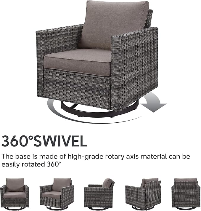 Patio Sectional Furniture Set with Fire Pit Table: 10 Pieces Wicker Patio Conversation Set with L Shaped Sofa, Outdoor Swivel Glider Rocker, Rattan Club Chairs, Ottomans, Removable Cushions Grey