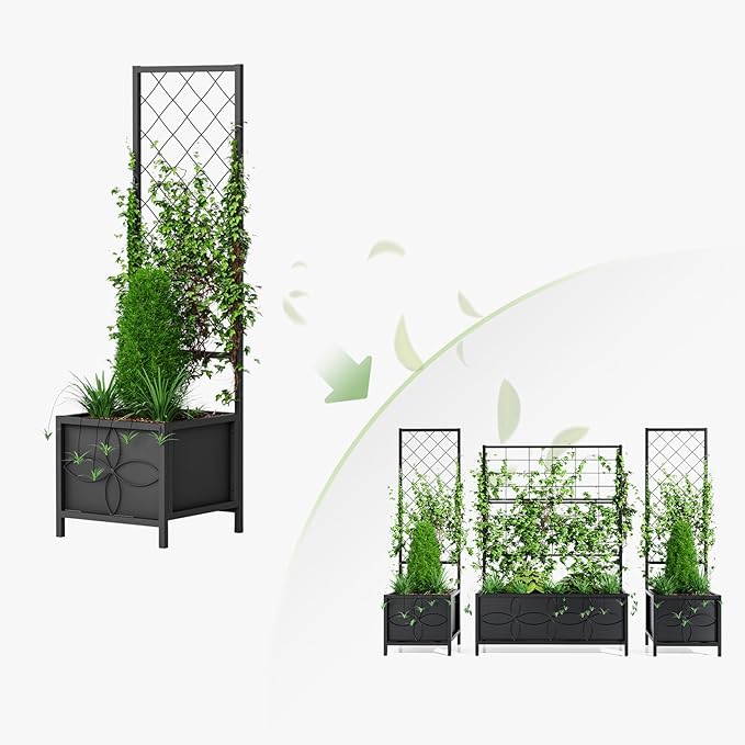 Zhongma 15.75 x 15.75 x 55 in Raised Garden Bed with Trellis,Heavy Duty Plant Box for Climbing Plants with Drainage Hole, Metal Lattice Planter Gardon Box with Inner Fabric Liners.