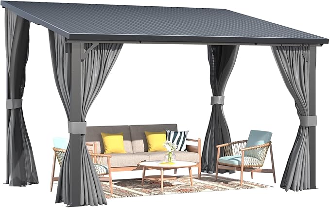 AECOJOY 12'x8' Outdoor Hardtop Gazebo Pergola with Curtains and Netting for Patio, Large 8x12 Steel Heavy Duty Lean to Wall-Mounted Pergolas and Grill Gazebos Clearance, Metal Roof Awnings for Decks