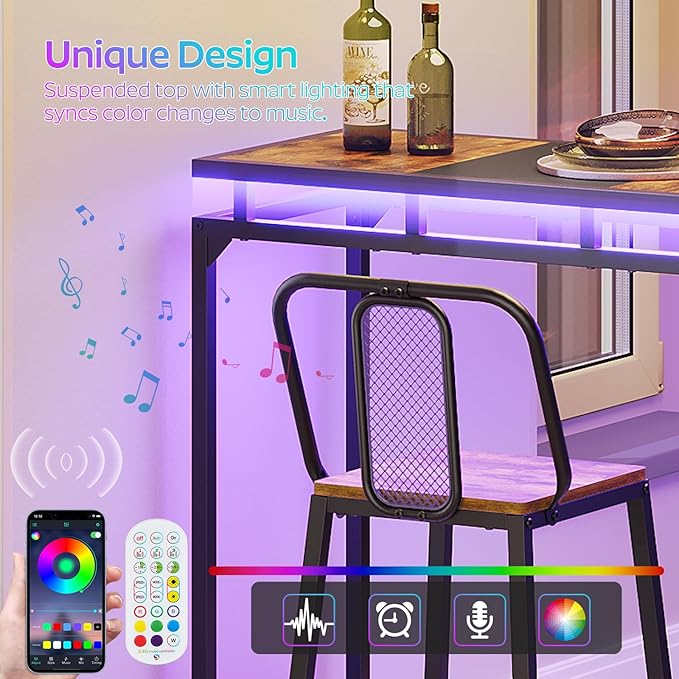 Bar Table with LED Lights, Counter Height Table, Bar Height Pub Table, Metal Frame, for Living Room, Dining Room, Pub, Black BT01DBK