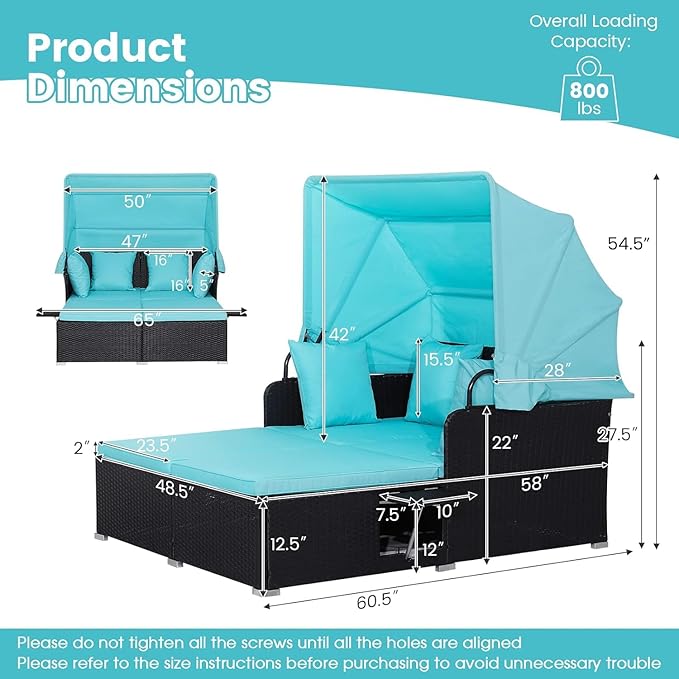 COSTWAY Outdoor Daybed with Retractable Canopy, Wicker Patio Furniture Set with Cushioned Pillows, Patio Rattan Daybed for Deck, Backyard, Poolside (Turquoise)