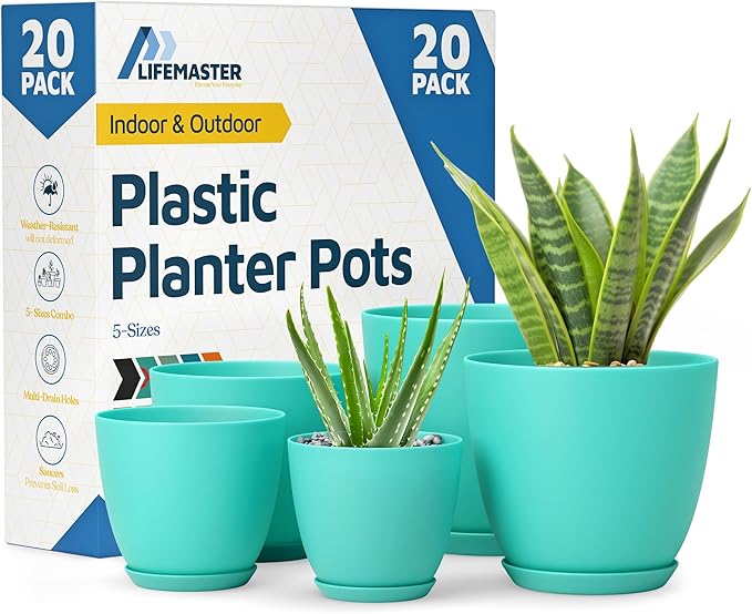 Planter Pots with Drainage Holes - Lightweight, Durable, and Space-Saving Pots for Indoor and Outdoor - Versatile Functionality, Simple Modern Design, Set of 20 Plastic Planter Pots - Aqua