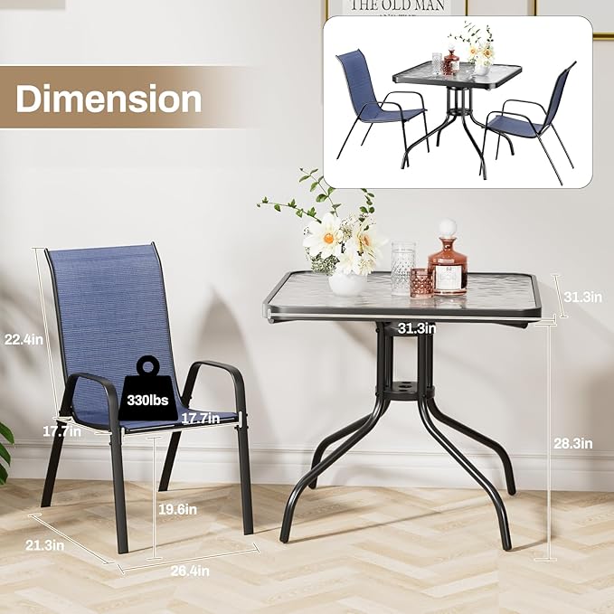 TLSUNNY Patio Dining Set 5 Pieces, All Weather Outdoor Furniture W/30"X 30" Table and 4 Stackable Textilene Chairs, Metal Table and Chairs for Lawn, Garden, Poolside, Backyard (Umbrella not Included)