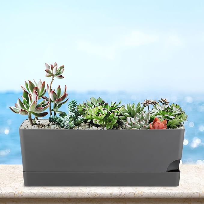 4 Pack Self Watering Pots for Indoor Plants 17 Inches Window Boxes Planters Rectangular Flower Pots Rectangle Herb Pots Large Plant Pots with Drainage Holes and Saucers Windowsill Planter, Grey