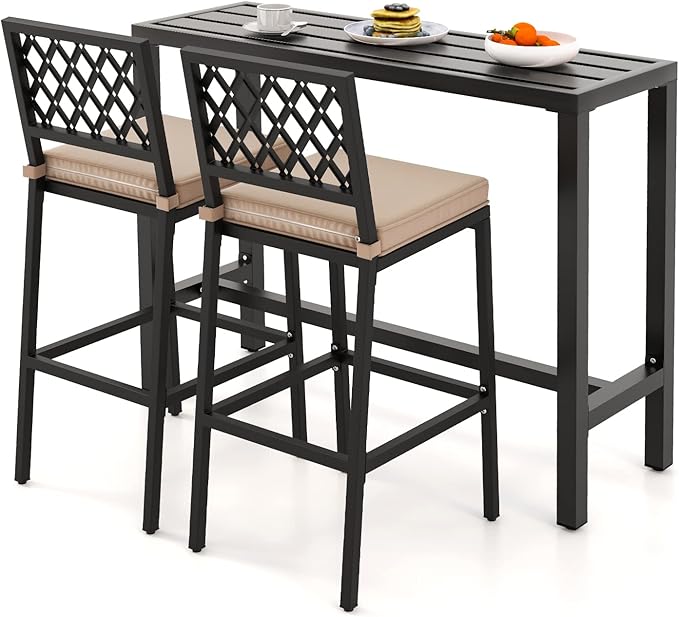 COSTWAY 3 Piece Outdoor Bar Table and Chairs Set, 48" Pub Height Bar Table & 2 Cushioned Bar Stools with Rhombus Backrest, Metal Patio Bar Table Set for Balcony, Backyard, Porch, Pool
