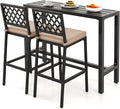 COSTWAY 3 Piece Outdoor Bar Table and Chairs Set, 48" Pub Height Bar Table & 2 Cushioned Bar Stools with Rhombus Backrest, Metal Patio Bar Table Set for Balcony, Backyard, Porch, Pool