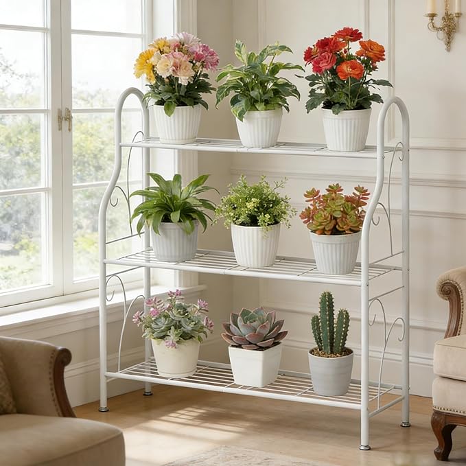 SORCEDAS Plant Stand Indoor Outdoor Plant Shelf 3 Tier Metal Corner Flower Stand Multiple Holder for Patio Garden Balcony Living Room, White