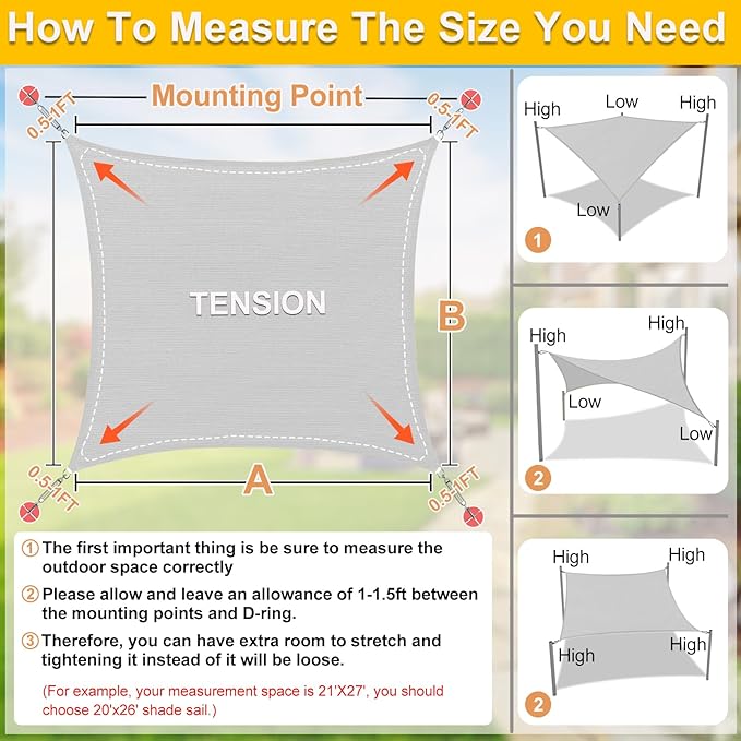 KANAGAWA Sun Shade Sail 20'x20' Grey Rectangle UV Block Canopy Awning Shelter Fabric Cloth Screen for Outdoor Patio Garden Backyard