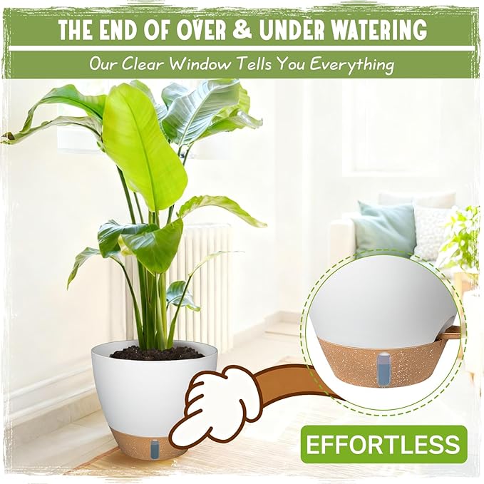 Self-Watering Pots for Indoor Plants 4 Pack, 6/8/10/12 Inch Outdoor Planters with Water Level Indicator&Deep Reservoir, Decorative Flower Pots for Indoor Plants,Home Decor (White, 12+10+8+6 inch)