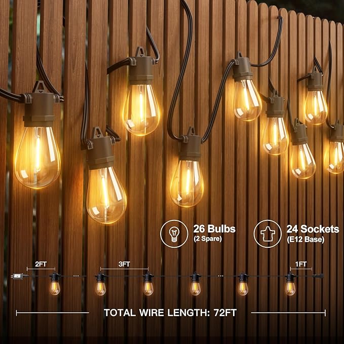 addlon 72FT(2-Pack*36FT) LED Outdoor String Lights with 24 Edison Vintage Shatterproof Bulbs, Commercial Grade Patio Lights, IP65 Waterproof for Balcony, Backyard and Garden, Warm White