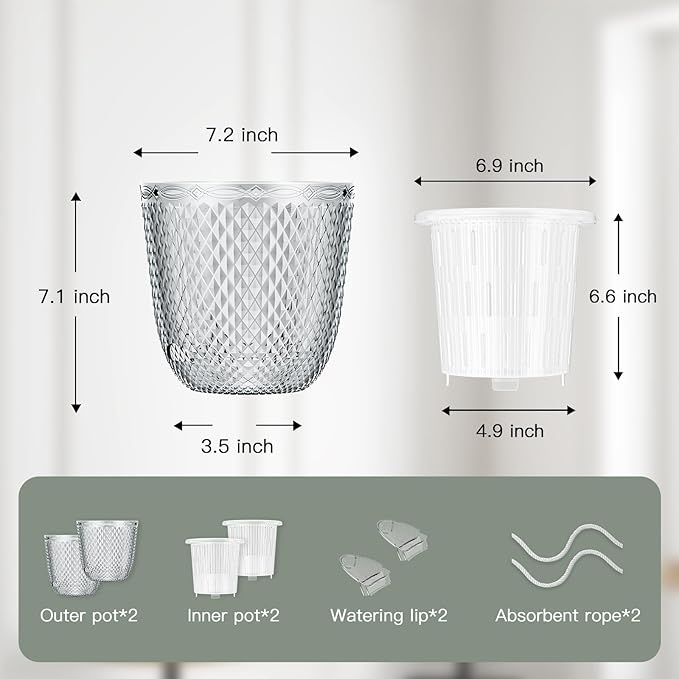 QCQHDU 2 Pack Self Watering Pots, 7.2 Inch Flower Pots with Drainage Holes and Water Filling Port, Garden Planter for Indoor Outdoor Plants (Clear)