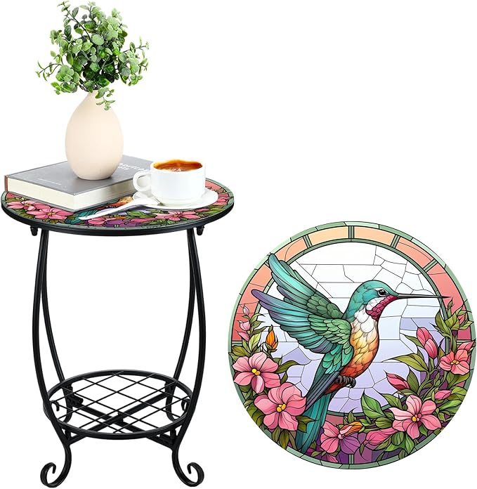 Outdoor Side Table Round Small Mosaic Patio Accent Indoor End Plant Coffee Tea Table for Yard Patio Porch Garden Living Room, Bedroom(Hummingbird Style,16 Inch)
