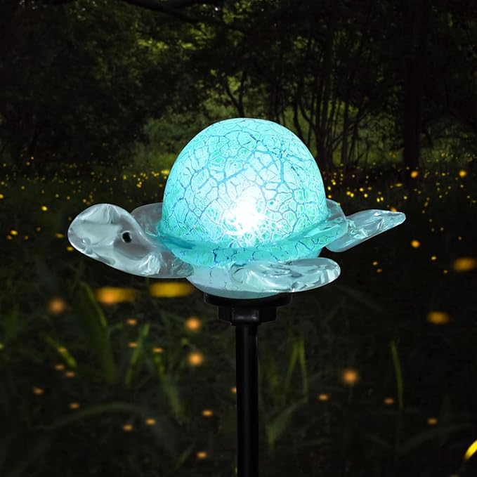 Afirst Decorative Solar Lights Outdoor Solar Turtle Stake Lights Hand Blown Glass Decorative Garden Pathway Light Outdoor Waterproof Glass Stakes Green