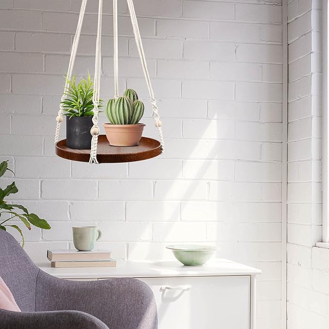 E-Know Macrame Plant Hanger - 2 Set Indoor Hanging Planter Shelf - Hanging Planter Rack Decorative Flower Pot Holder - Handmade Cotton Plant Hangers with Wood Tray Boho Home Decor