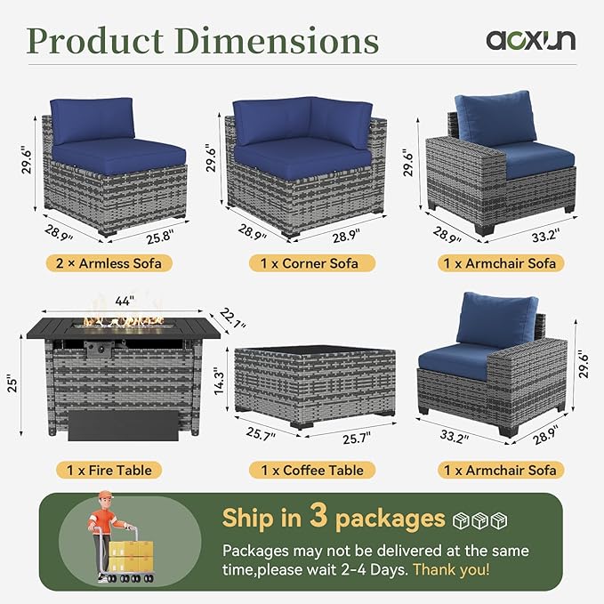 Aoxun 7 Piece Patio Furniture Set with Wide Armrests & 44” Fire Pit Table Wicker Rattan Outdoor Sectional Sofa Set with Coffee Table and Thickened Cushions, Gray/Blue(Waterproof Cover Included)