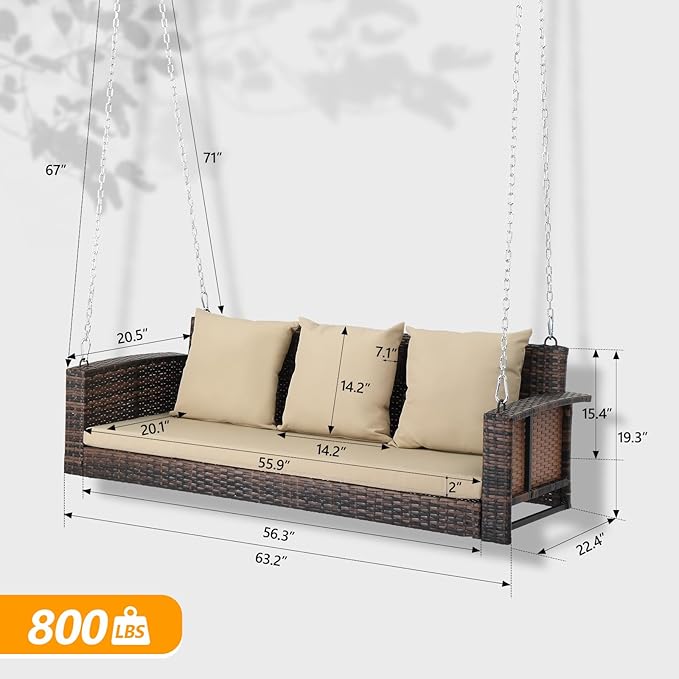 VINGLI Heavy Duty 800 LBS Wicker Hanging Porch Swing with Cushions & Chains, 5FT Outdoor Rattan Swing Bench for Garden, Yard, Lawn (Brown)
