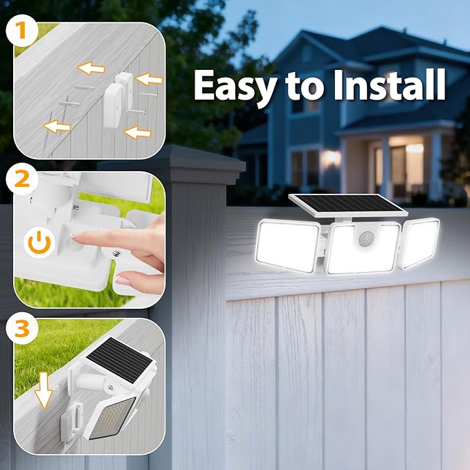 INCX Solar Motion Sensor Lights Outdoor, 3 Heads Security Lights Solar Powered, 156 LED Flood Light Motion Detected Spotlight for Garage Yard Entryways Patio, IP65 Waterproof, White, 1 Pack