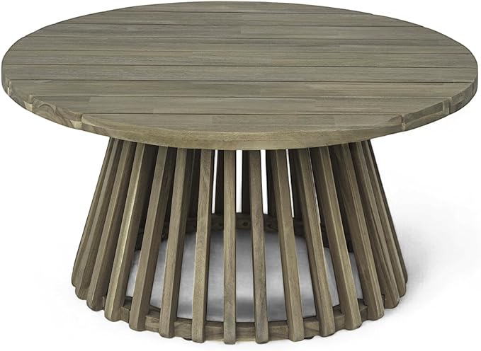 Merax Patio Outdoor Acacia Wood Round Coffee Table for Backyard, Lawn, Balcony, Grey Finish