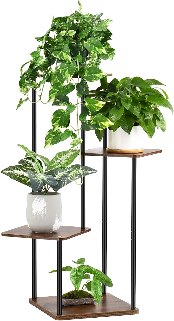 4 Tier Plant Stand Indoor Outdoor, Wood Metal Corner Shelf, Multiple Flower Pot Rack Holder Shelves, Planter Shelf Display Storage Organizer for Patio Living Room Balcony (Black)
