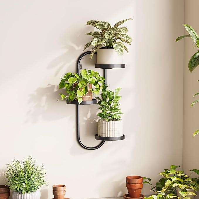 Wall Plant Holder 3 Tier Window Plant Shelves Metal Plant Wall Hanger for Indoor Plants Hanging Small Wall Shelf Living Room Balcony Black