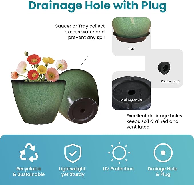 4 Pack 8 inch Plant Pots, Plastic Planter for Indoor Outdoor Plant with Drainage Holes and Saucers, Flower Pots for Garden Home Decor(Green, 4pcs)
