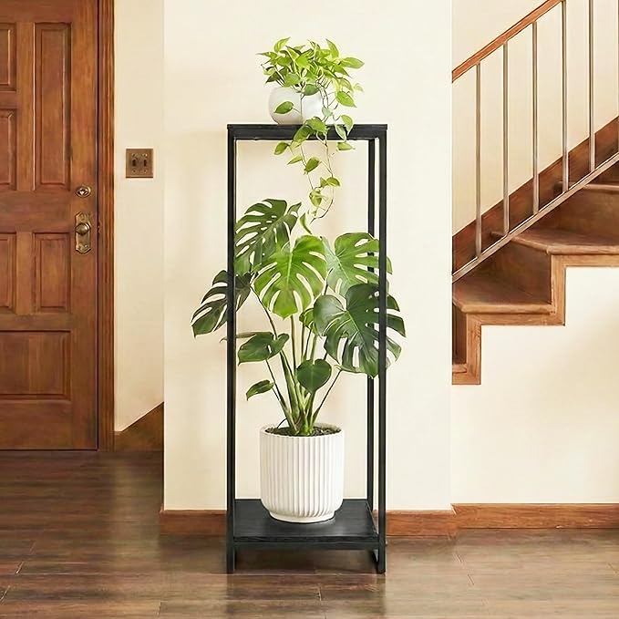 34" Tall Plant Stand Indoor, 2-Tier Modern Plant Shelf, Corner Flower Pot Holder Organizer for Living Room Balcony Patio Garden (Black)