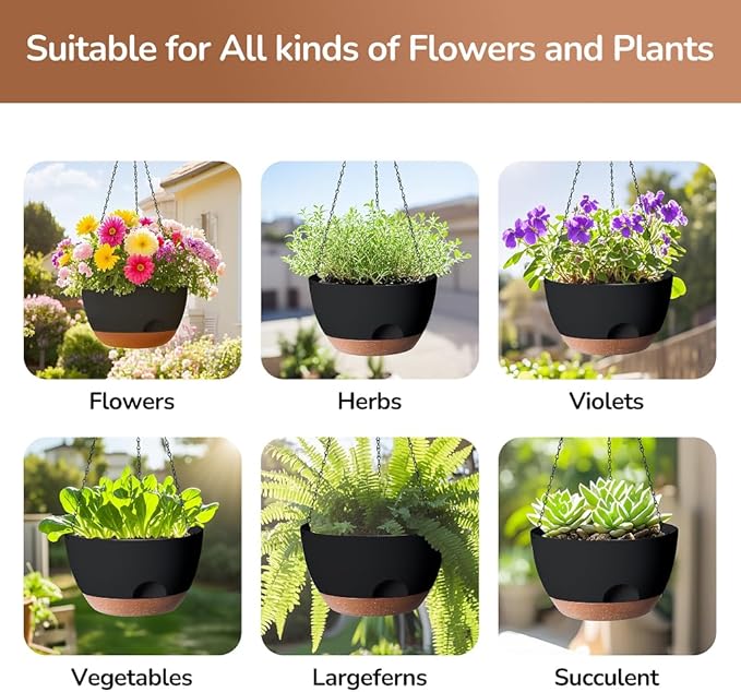 Set of 2-12 Inch Hanging Planter, Self-Watering Hanging Planters for Indoor Plants & Outdoor, Plant Hanger Indoor, Hanging Plant Pot with Drainage (Black)