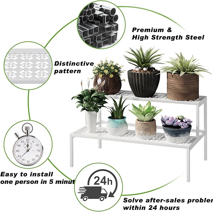 Metal Plant Stand Metal 2 Tier Potted Multiple Flower Pot Holder Plant Shelf Indoor Plants Multiple,Outdoor Heavy Duty Planter Display Shelving Unit for Patio Garden Corner Balcony Living Room(White)