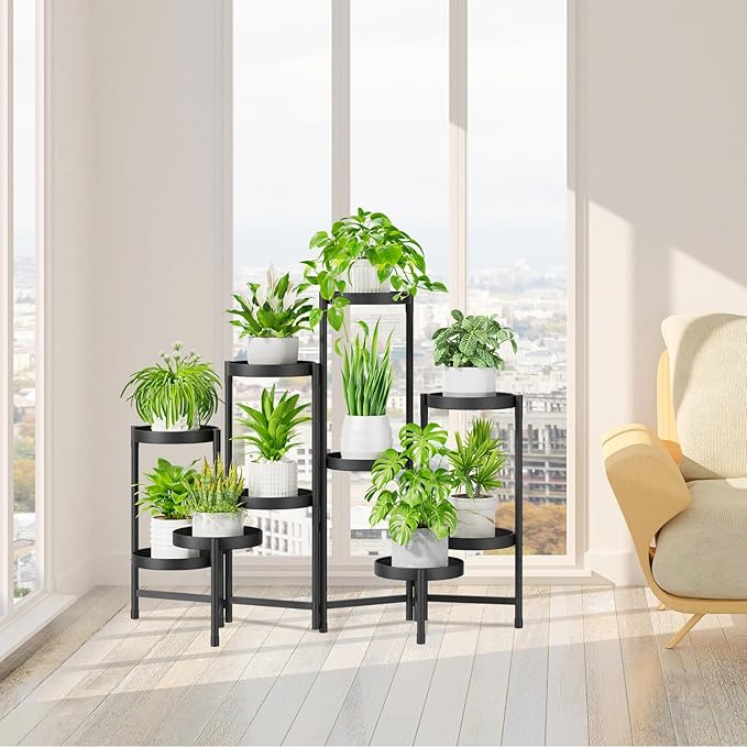 iDavosic.ly Plant Stand Indoor Outdoor, 10 Tier Corner Metal Flower Display Holder Shelf, Easy Assembly Folding Tall Orchid Rack for Patio Balcony Porch Garden Living Room House, Black