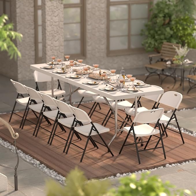 Nazhura 350 Weight Limit Heavy Duty Plastic Folding Chair with Reinfoced Steel Frame for Indoor and Outdoor, Wedding, Party, Restaurant, Meeting Room, Patio and Garden (White, 8 Pack)