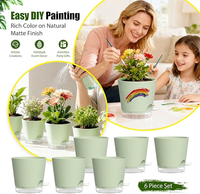 Plant Pots 7 Inch Self Watering Pots, 6 Pack Plastic Planters with Drainage Holes and Clear Saucers,Plastic Flower Pots for Indoor Out Door Plants(Green)