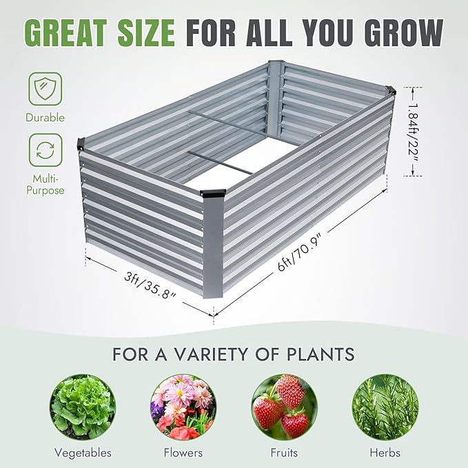 INNO STAGE 6x3x2ft Galvanized Raised Garden Bed, Raised Garden Bed Kit-Metal Planter Box Outdoor, Planting for Vegetables, Fruits, Herbs, Flowers, Silver