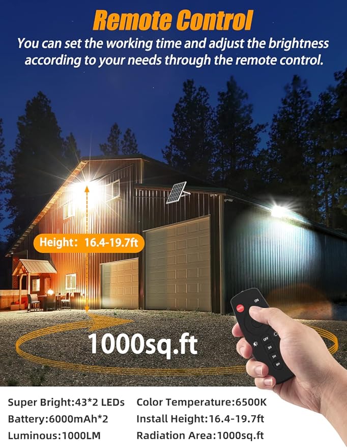 Solar Flood Light Outdoor 1000LM Dual 6000K Bright White Floodlights Ip65 Waterproof Solar Power Light Auto On/Off Dusk to Dawn with Remote Control for Yard, Garden, Shed, Barn.