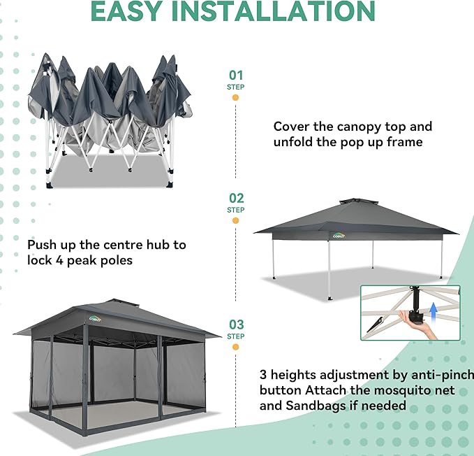 COBIZI 12x12 FT Pop up Gazebo on Clearance Outdoor pop up Canopy Tent,carpas para Patio, Shelter Tents with Sandbags & Portable Carry Bag, Patio Gazebos for Camping, Garden & Lawn, Darkgrey(Upgraded)