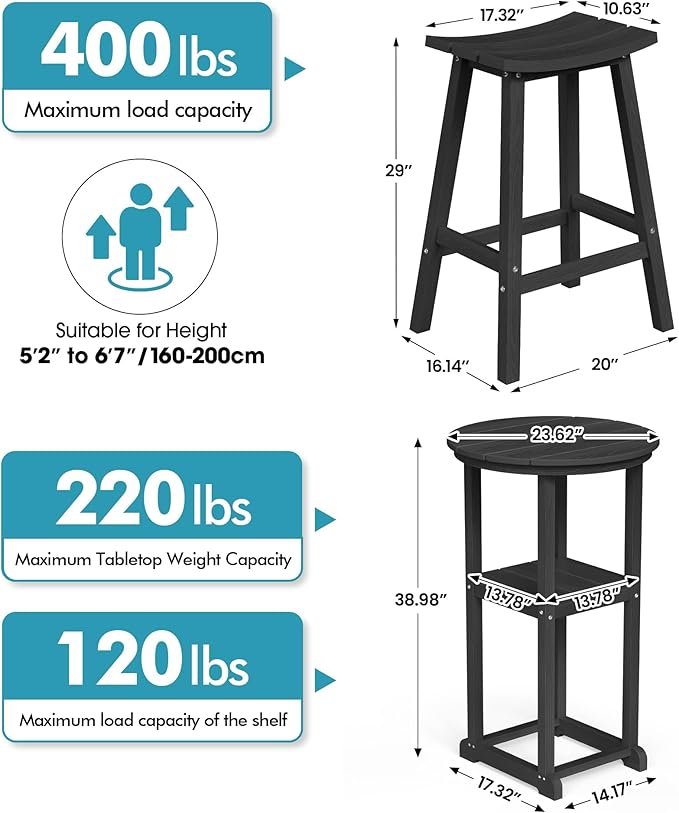 Ciokea 3 Pcs Compact Outdoor Bar Set, Space-Saving Round Bistro Set with 2 Backless Saddle Stools & Storage Shelf, All-Weather HDPE High-Top Table Set for Small Balcony, Patio and Poolside, Black