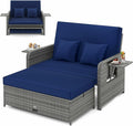 LDAILY Moccha Outdoor Daybed, Wicker Loveseat Sofa Set with 4-Postion Adjustable Backrest, Storage Ottoman, Cushions, Rattan Double Bed Lounger, Patio Furniture Set (Mixed Gray+Navy)