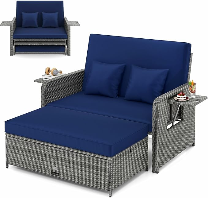 LDAILY Moccha Outdoor Daybed, Wicker Loveseat Sofa Set with 4-Postion Adjustable Backrest, Storage Ottoman, Cushions, Rattan Double Bed Lounger, Patio Furniture Set (Mixed Gray+Navy)