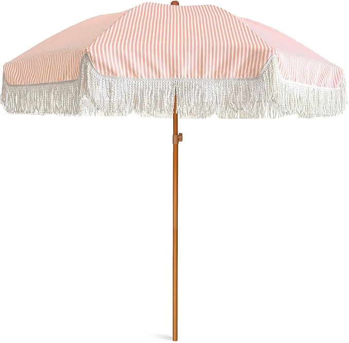 AMMSUN 7ft Patio Umbrella with Fringe Outdoor Tassel Umbrella UPF50+ Premium Steel Pole and Ribs Push Button Tilt, Pink Stripe